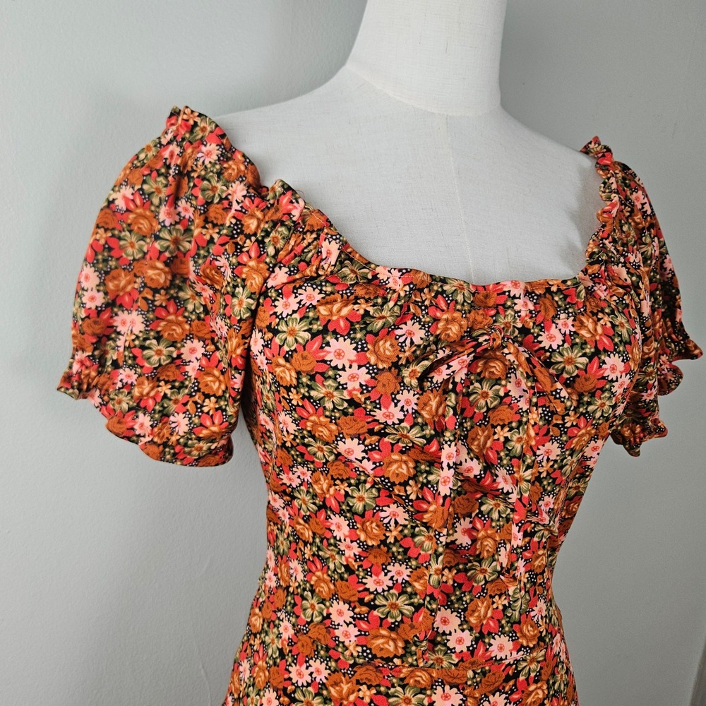 Vintage Floral Polyester Off The Shoulder Fit & Flare Dress Sz S? XS? Rust Brown